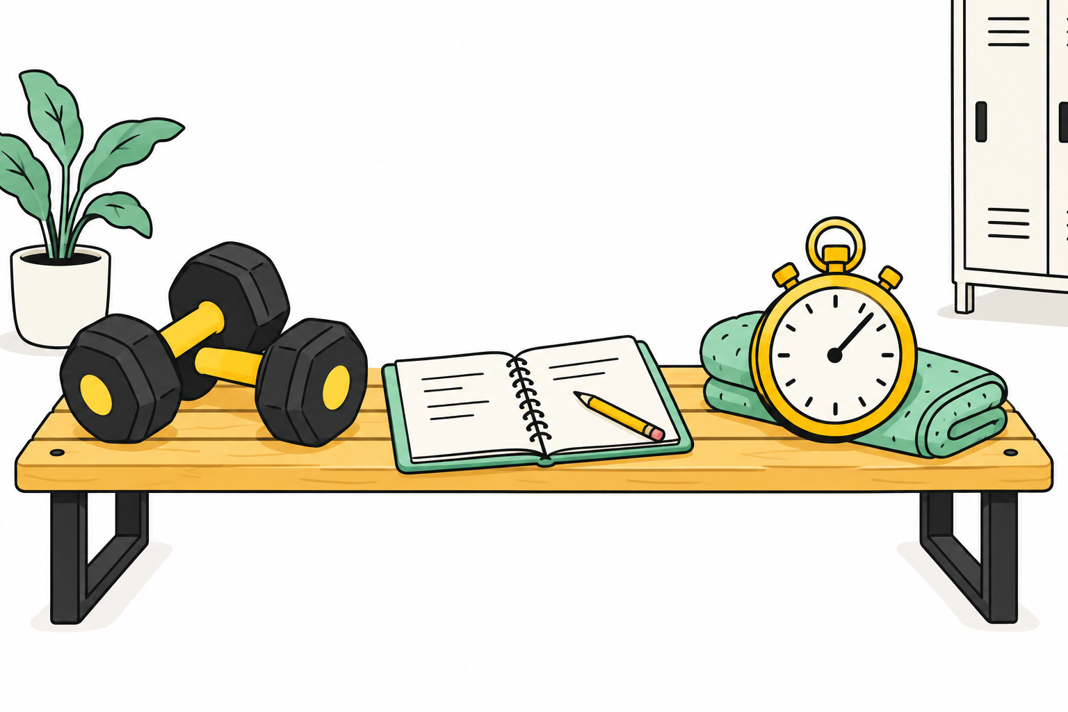 A hand-drawn gym bench with dumbbells, a workout notebook and a yellow stopwatch.